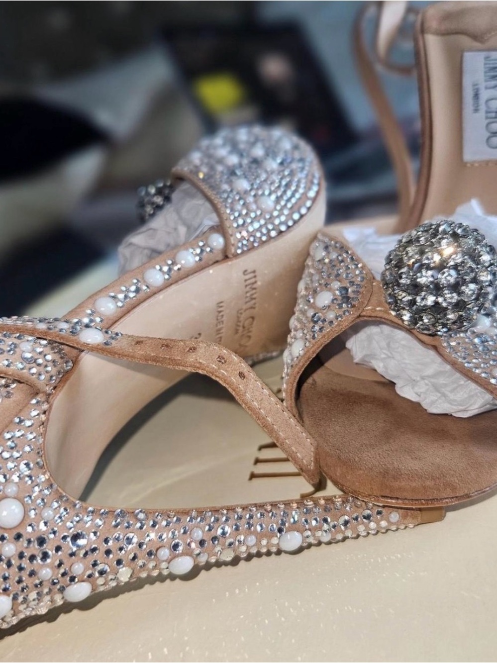 Nude Crystal-Embellished Slide Mule